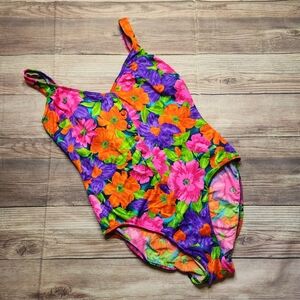 Vintage Palm Point Tropical Colorful 90's Floral One Piece Button Swimsuit
